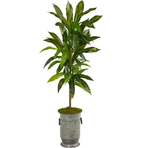 Nearly Natural 4-ft Dracaena Artificial Plant in Vintage Metal Planter (Real Touch) - 1 of 3