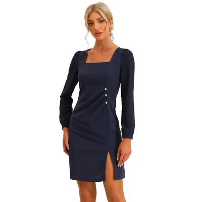 Allegra K Women's Square Neck Ruched Front Contrast Panel Chiffon Long Sleeve Dress