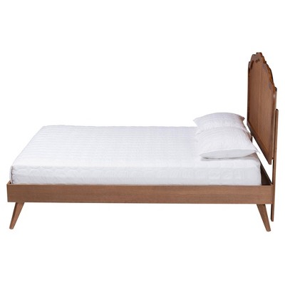 King Walnut Brown Wood and Rattan Platform Bed with Slats