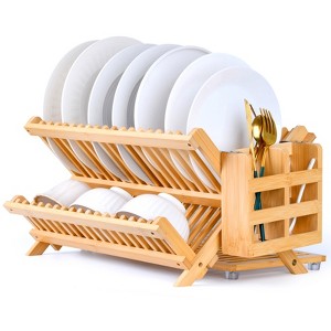 KTMBDW Bamboo Dish Drying Rack, 3 Tier Collapsible Dish Rack with Utensil Holder, Wooden Dish Drying Rack for Kitchen Counter, Dish Drainer, Natural - 1 of 4