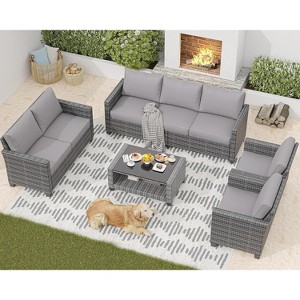 Patio Furniture Sets 6 Pieces, PE Wicker Modern Patio Conversation Set with Storage Cushions - 1 of 4