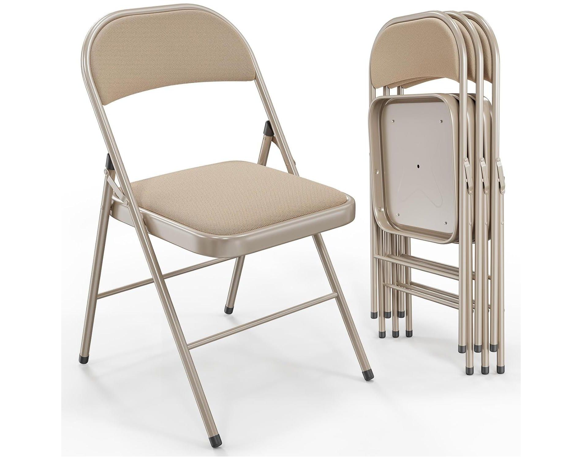 VINGLI 4 Pack Folding Chairs with Padded Seats, Metal Frame with Fabric Seat & Back, Capacity 350 lbs, Khaki, Set of 4