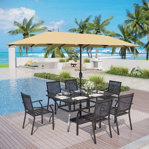 Captiva Designs 7pc Outdoor Rectangle Steel Dining Table & Stackable Metal Chairs & Beige Umbrella - 1 of 4