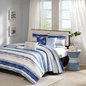 Sapphtopaz Comforter Set Bedding Quilt Set Watercolor Stripe Printed Solid Color Back Reversible Cotton Quilt Set 6 Piece - 1 of 4