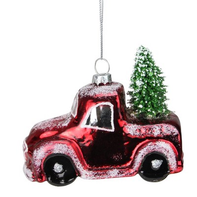 Northlight 4" Glass Frosted Red Metallic Truck with a Sisal Tree Christmas Ornament