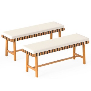 Tangkula 2PCS Outdoor Acacia Wood Bench with Cushion Breathable Rope Seat Patio Dining Bench for Entryway Garden Poolside Balcony - 1 of 4