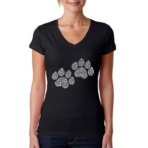 LA Pop Art Women's Word Art V-Neck T-Shirt - Woof Paw Prints - 1 of 4