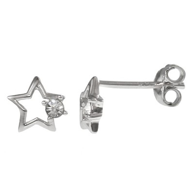 FAO Schwarz Sterling Silver Open Star Stud Earrings with Crystal Stone