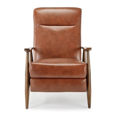 Caramel Mid-Century Modern Faux Leather Recliner with Wooden Arms