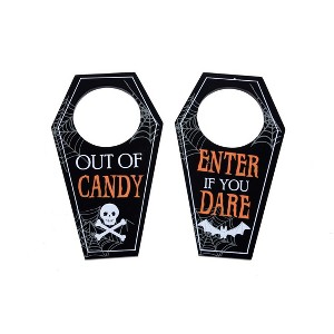 KOVOT Halloween Door Knob Hanger Set - Coffin Shaped Knob Hangers: "ENTER IF YOU DARE" and "OUT OF CANDY" - 1 of 1