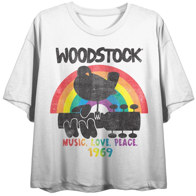 Woodstock Rainbow With Multi Color Art Women's White Short Sleeve Crop Tee, 1 of 5