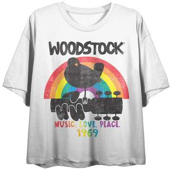 Woodstock Rainbow With Multi Color Art Women's White Short Sleeve Crop Tee