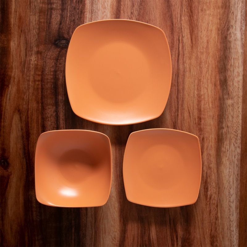 Gibson Home Zen Buffetware 12 Piece Square Fine Ceramic Dinnerware Set in Matte Papaya Orange, 3 of 9