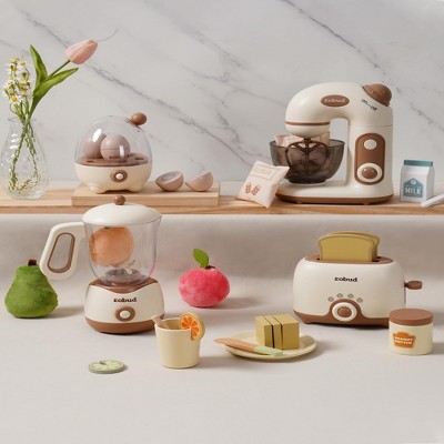 Robotime Dollhouses Pretend Play Kitchen Toy Appliances Creamy with Mixer, Juicer, Bread Maker Birthday Gift for Baby, Beige, 17.72"*11.02"*7.68"