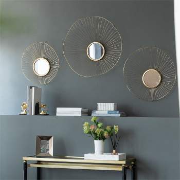 Set of 3 Wall Mirror Abstract designed Wall mirrors with Frame for Home & Office,Top of Sideboard L:26x5x25.5" M:22x3.5x22" S:18x2.5x18"-The Pop Home