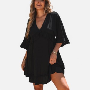 Amaryllis Women's Flowy Ruffle V-Neck Mini Dress Flared Sleeves Effortless A-Line Silhouette - 1 of 4