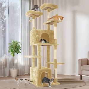 Modern Multicoloured Soft Plush Cat Tree Pet Tower with Comzy Top Perch, Fluffy Condo, Long Sisal Rope and Bottom Condo - 1 of 4