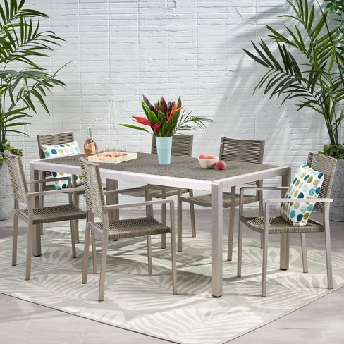 Lapis 7pc Modern 6 Seater Aluminum, Gray Patio Dining Sets For 6