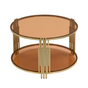 Dexmalle Modern Glass Coffee Table,Circular Metal Drum Base - 1 of 4