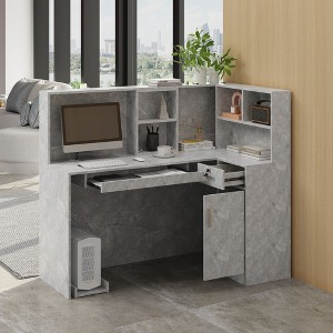 Famapy Marble-Top L-Shaped Reception Desk with Removable Shelves Lockable Storage Welcome Desk Slide-Out Keyboard Tray Cable Management - 1 of 4