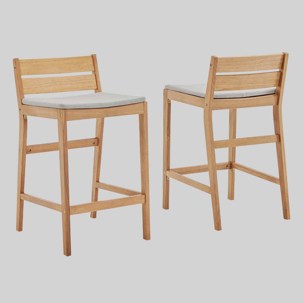Riverlake 2pc Outdoor Patio Ash Wood Barstools Taupe Modway