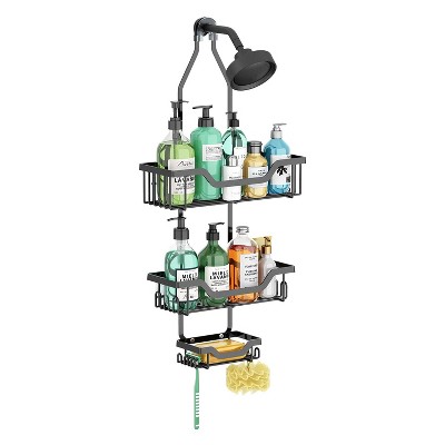 LunaLulinlk Hanging Shower Cage, Anti-Sway Stainless Steel Shower Cage with 10 Hooks, Bathroom Storage Rack Above Shower Head (Matte Black)