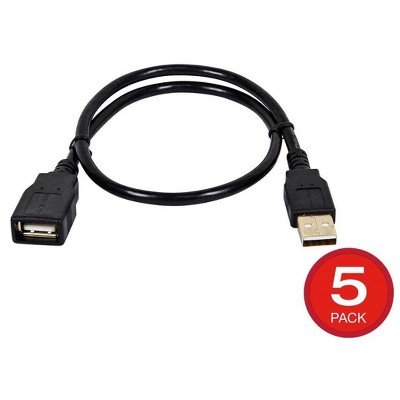 Monoprice USB Type-A to USB Type-A Female 2.0 Extension Cable - 1.5 Feet - Black (5 Pack) 28/24AWG, Gold Plated Connectors