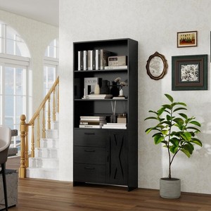 6-Tier Bookshelf with Door and 3 Drawers, 71" H Tall Bookcase with 3-Tier Open Shelves, Wooden Book Shelf w/Storage Cabinet for Home Office - 1 of 4
