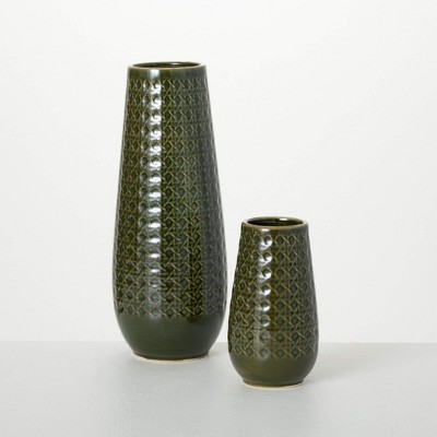 12"H Sullivans Olive Rattan-Patterned Vases Set of 2, Green
