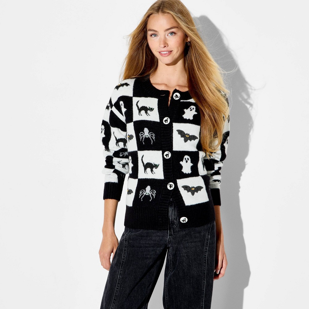 Women's Halloween Checkerboard Graphic Cardigan Sweater - Black L
