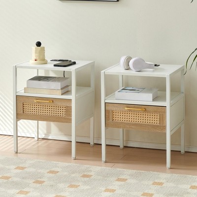 Rattan Nightstand Set of 2,Narrow Side Table with Drawer, Wood Accent End Table,Bedside Table with Storage for Living Room Bedroom Office