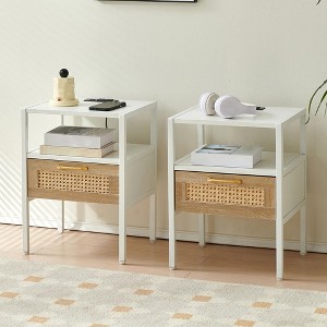 Rattan Nightstand Set of 2,Narrow Side Table with Drawer, Wood Accent End Table,Bedside Table with Storage for Living Room Bedroom Office - 1 of 4
