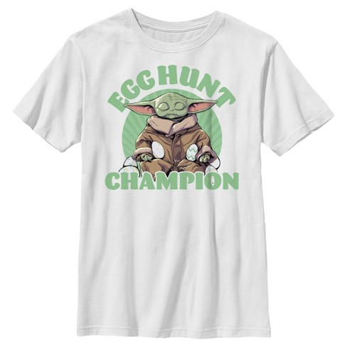 Boy s Star Wars The Mandalorian Easter Grogu Egg Hunt Champion T Shirt White Large