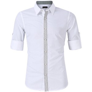 Men's Classic Vintage White Button Down Long Sleeve Shirt with Embroidery on Chest and Cuffs Roll-Up Sleeves - 1 of 4