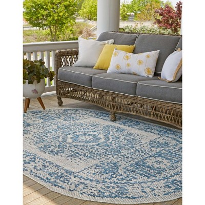 Blue Oval Synthetic Outdoor Traditional Rug