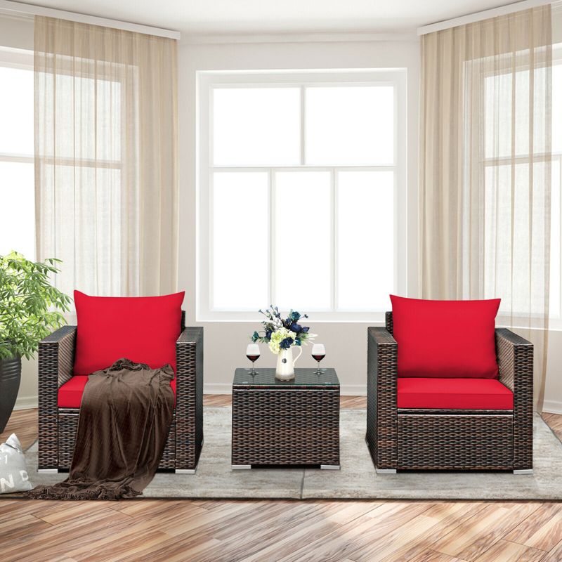 Costway 3PCS Patio Rattan Furniture Set Conversation Sofa Cushioned Turquoise\Red, 4 of 11