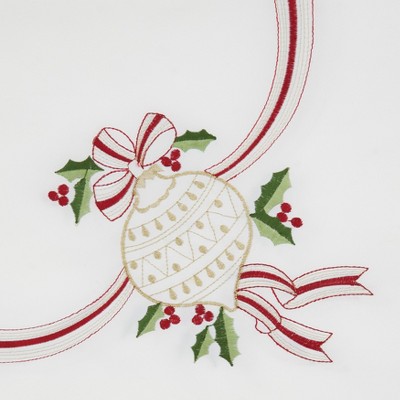 Ivory Embroidered Christmas Tablecloth with Holly and Ribbon Motifs
