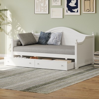 Wood Daybed Twin Size with 2 Storage Drawers, Wooden Sofa Bed and Handrail for Living Room Bedroom