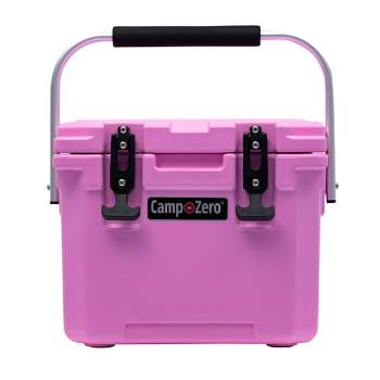 CAMP-ZERO 10 Liter 10.6 Quart Lidded Cooler with 2 Molded In Cup Holders, Folding Aluminum Handle Grip, and Locking System, Pink