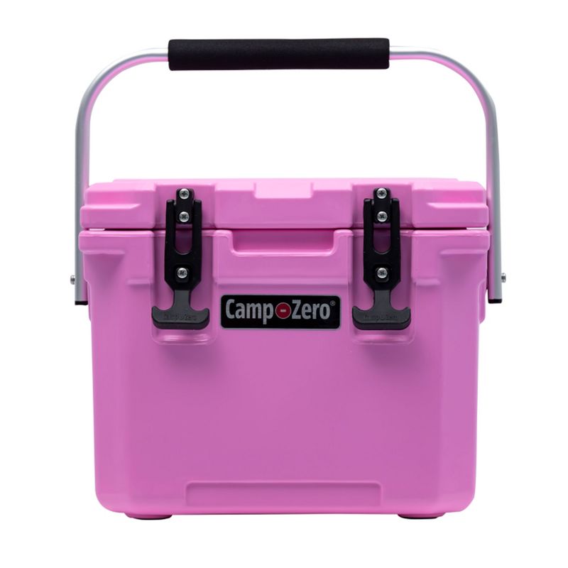 CAMP-ZERO 10 Liter 10.6 Quart Lidded Cooler with 2 Molded In Cup Holders, Folding Aluminum Handle Grip, and Locking System, Pink, 1 of 8