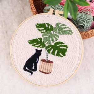 20cm/7.9in Punch Needle Embroidery Starter Kits for Beginners with Embroidery Hoops, Punch Needle Fabric with Pattern, Cartoon Cat and Green Plant - 1 of 4