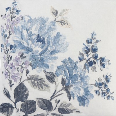 Chloe 16" Blue and White Embroidered Floral Throw Pillow