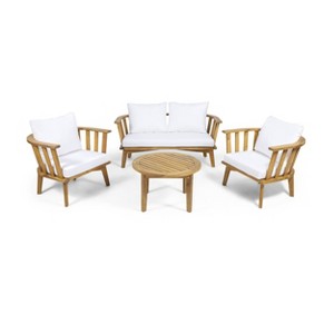 Solano 5pc Outdoor Wooden Chat Set with Round Coffee Table - White/Teak - Christopher Knight Home: Acacia Wood, UV & Water-Resistant - 1 of 4