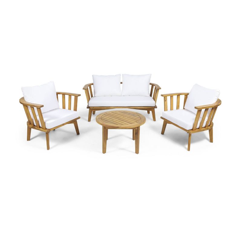 Solano 5pc Outdoor Wooden Chat Set with Round Coffee Table - White/Teak - Christopher Knight Home, 1 of 17
