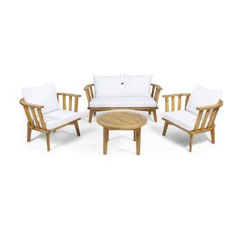 Solano 5pc Outdoor Wooden Chat Set with Round Coffee Table - White/Teak - Christopher Knight Home