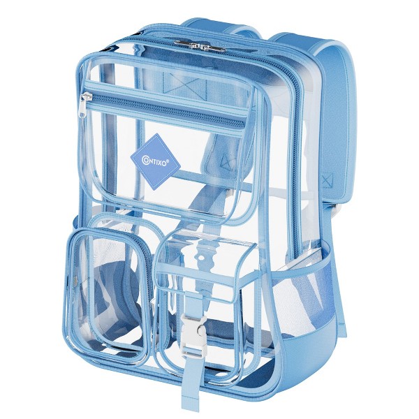 Mochila transparente Contixo para niños y adultos, aprobada para estadios y escuela, PVC impermeable, 16.9" alto x 13.7" largo x 6.6" ancho 2