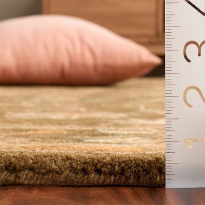 Olive and Gold 8' Square Handmade Wool Floral Area Rug