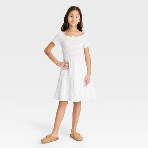 Girls' Smocked Tiered Dress - Art Class™ White S : Target