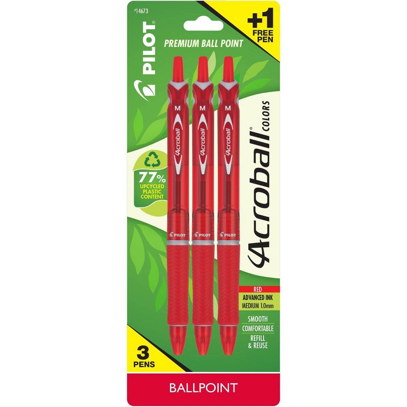 Pilot 3ct Acroball Colors Ballpoint Pens Medium Point 1.0mm Red Ink, 1 of 6