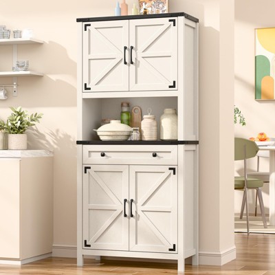 Tall Farmhouse Storage Cabinet, 6 Tier Kitchen Pantry Organize, Microwave Stand